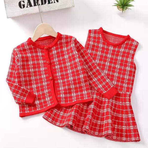 

Toddler Girls Plaid Babydoll Sweater Dress With Cardigan, Red