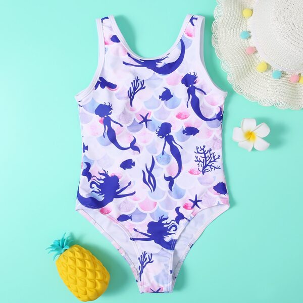

Girls Fish Scales & Mermaid Print One Piece Swimsuit, Multicolor