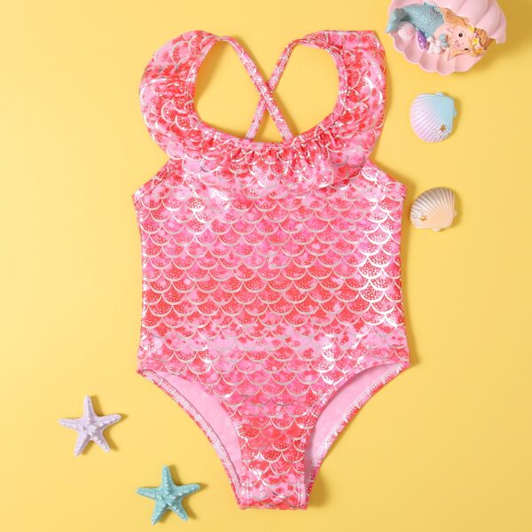 

Toddler Girls Fish Scales Metallic One Piece Swimsuit, Red