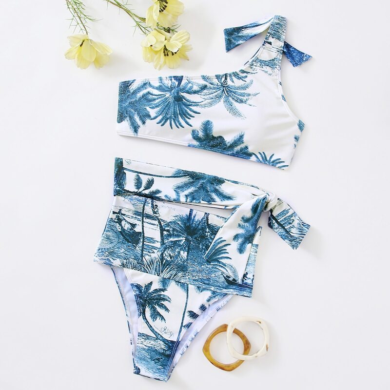 

Tropical Print One Shoulder High Waist Bikini Swimsuit, Multicolor
