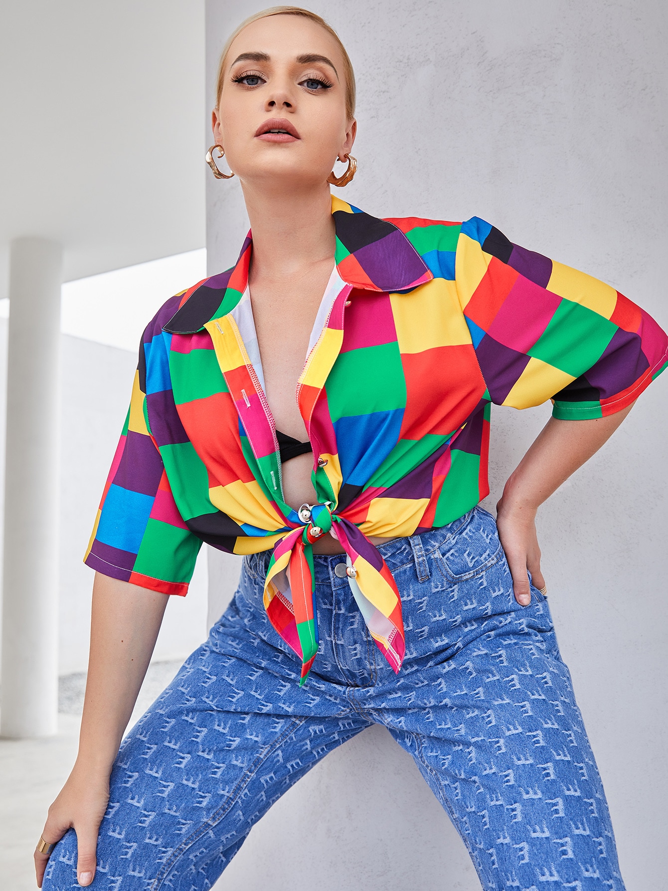 Plus Patchwork Colorblock Button Up Blouse thumbnail
