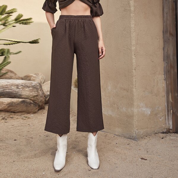 

Elastic Waist Wide Leg Cropped Pants, Chocolate brown