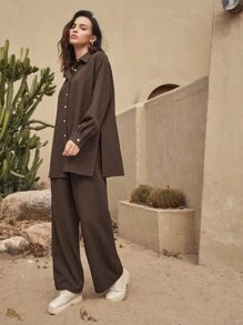 SHEIN Essnce 開衩下擺長款襯衫和寬腿褲子套裝 - 巧克力棕 - 查看 3
