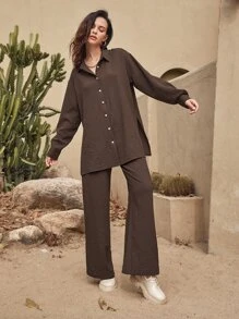 SHEIN Essnce 開衩下擺長款襯衫和寬腿褲子套裝 - 巧克力棕 - 查看 4
