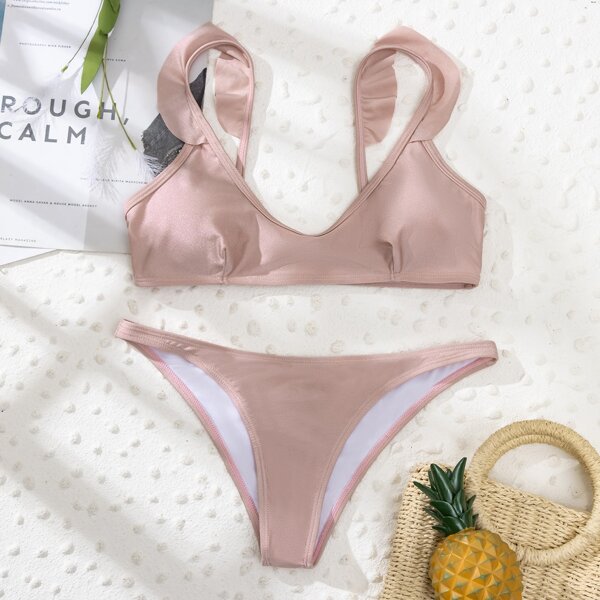 

Frill Trim Bikini Swimsuit, Dusty pink