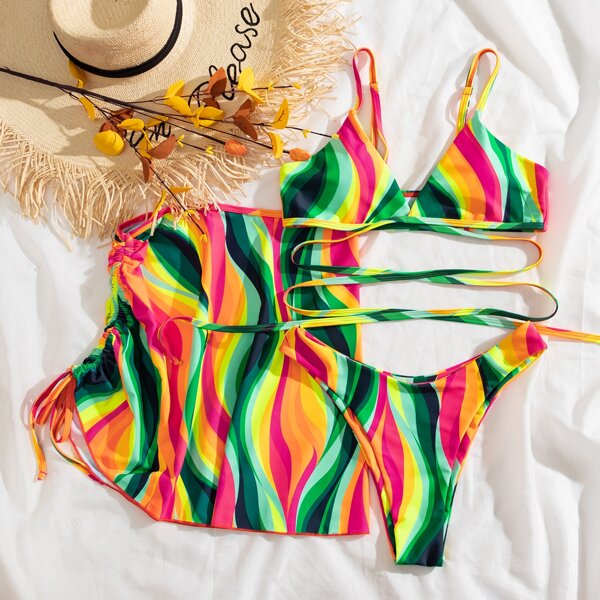 

3pack Colorful Wave Print Bikini Swimsuit & Beach Skirt, Multicolor