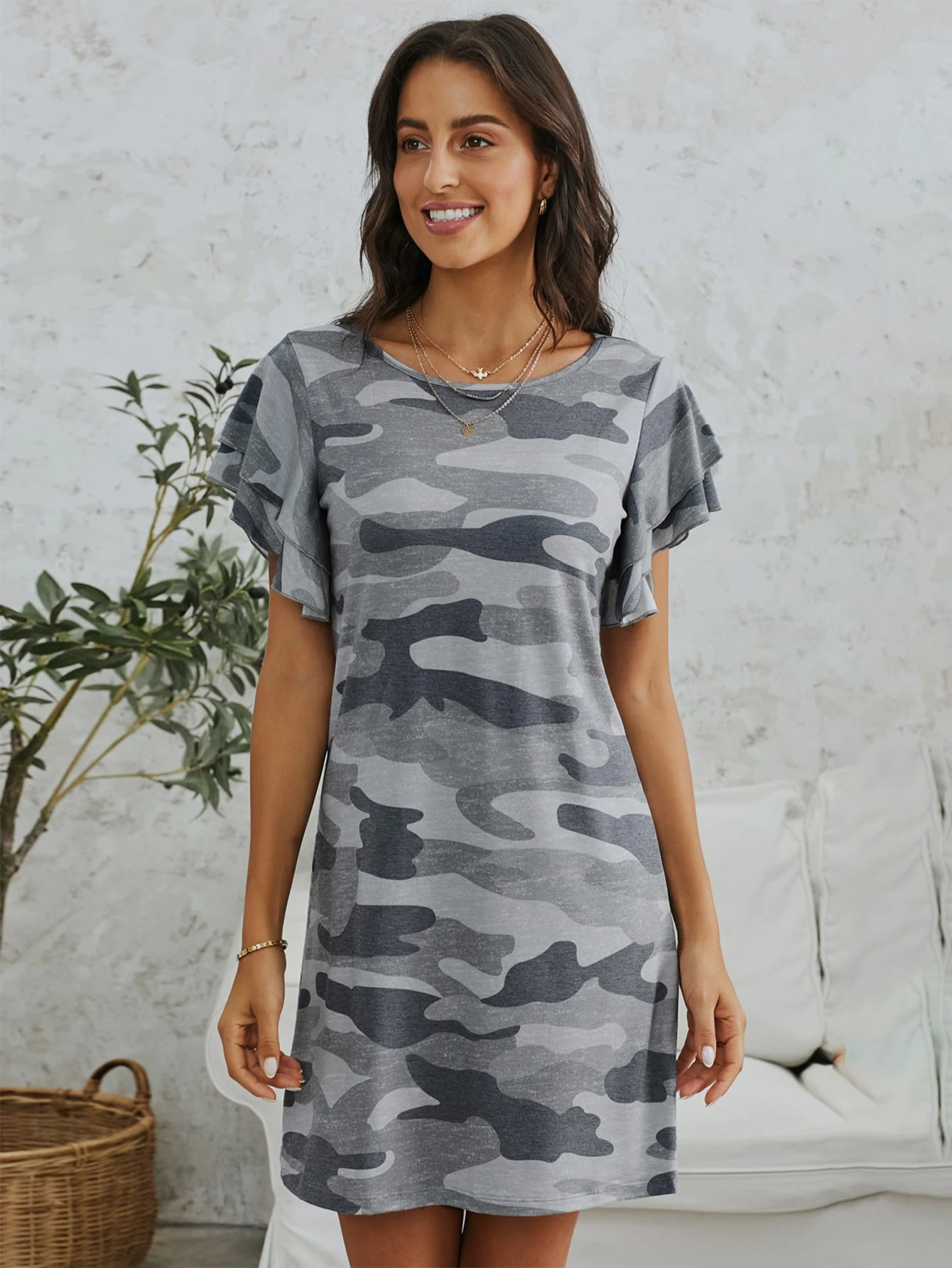 WOMENS PREPPY GREY CAP SLEEVE BUTTERFLY PRINT RUCHED TUNIC FreeSize Fits10,12,14
