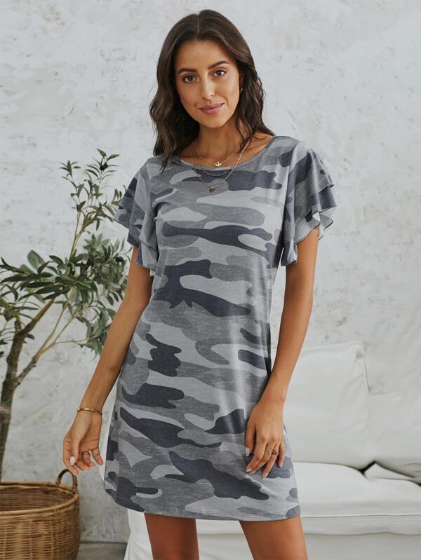 WOMENS PREPPY GREY CAP SLEEVE BUTTERFLY PRINT RUCHED TUNIC FreeSize Fits10,12,14