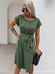 Button Self Tie Dress - Green - View 1