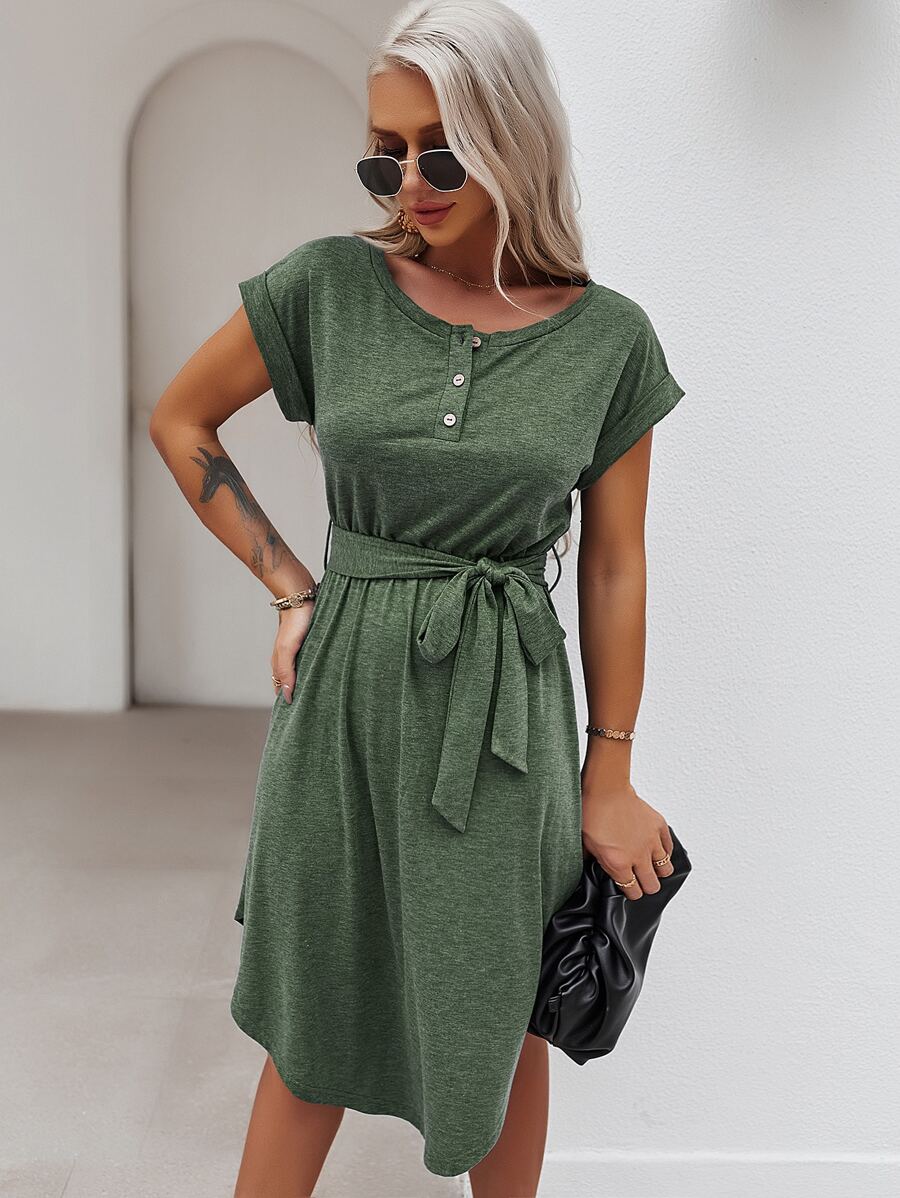 Button Self Tie Dress - Green - View 1