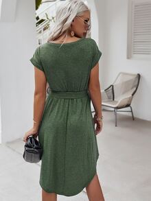 Button Self Tie Dress - Green - View 2