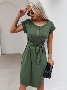 Button Self Tie Dress - Green - View 3