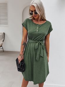 Button Self Tie Dress - Green - View 4
