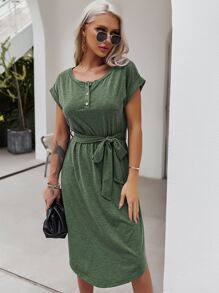 Button Self Tie Dress - Green - View 6