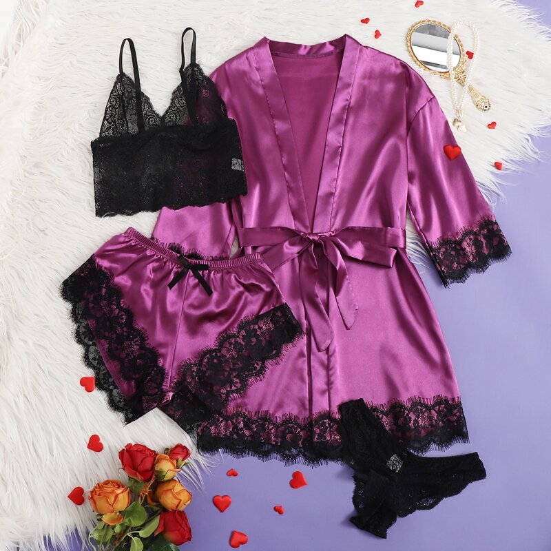 

4pack Floral Lace Lingerie Set With Satin Belted Robe, Purple