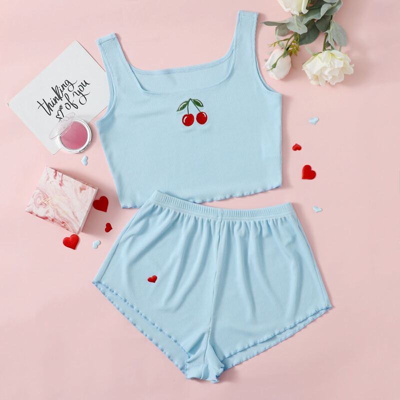 

Cherry Embroidery Lettuce Trim PJ Set, Baby blue