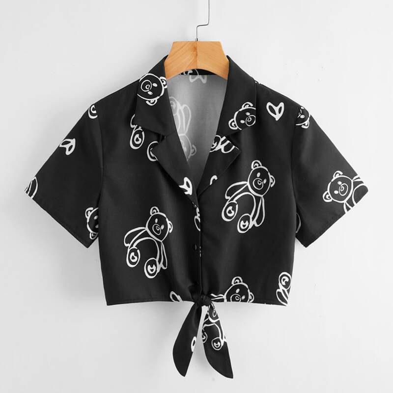 

Cartoon Bear Crop Shirt, Black