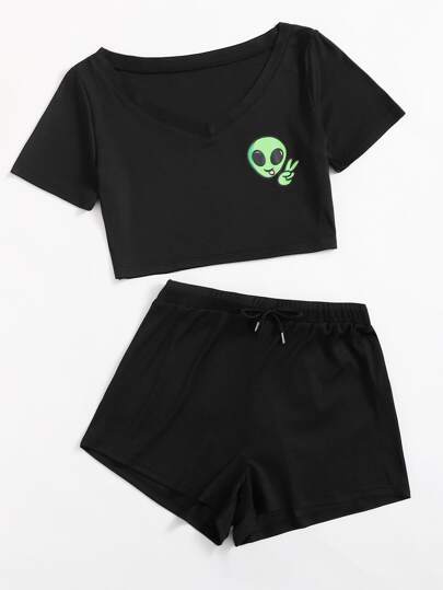Cartoon Alien Print Tee & Drawstring Shorts