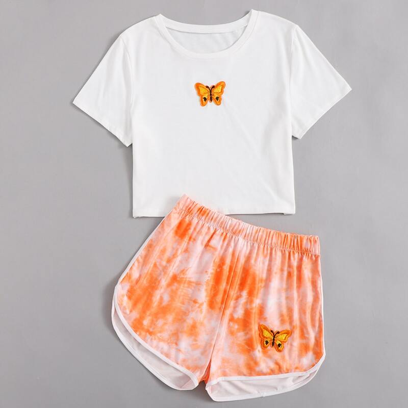 

Butterfly Embroidery Tee & Tie Dye Shorts, Multicolor