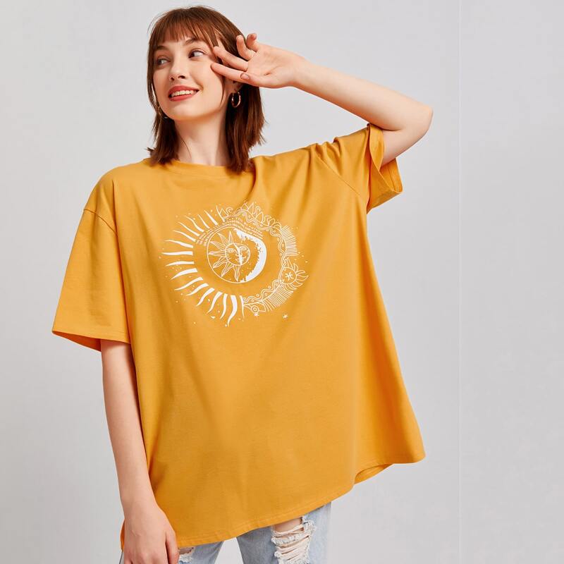 

Sun & Moon Graphic Oversized Tee, Mustard yellow