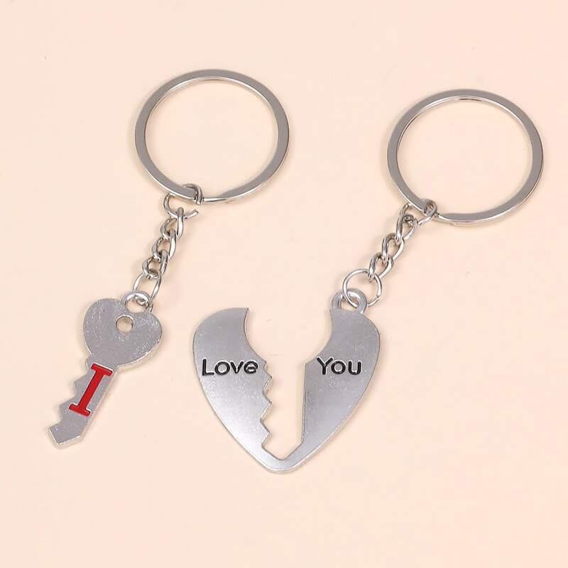 

2pcs Heart & Key Couple Keychain, Silver