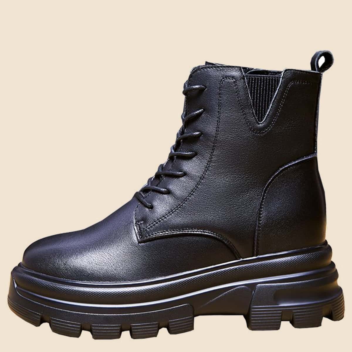 

Lace-up Platform Combat Boots, Black