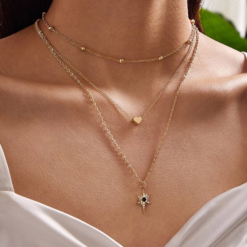 

Rhinestone Star & Heart Layered Necklace, Gold