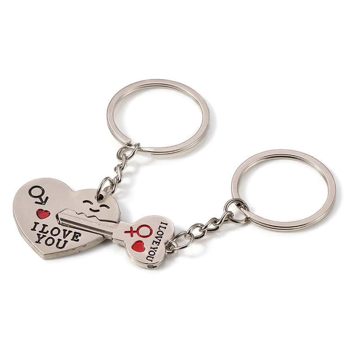 

2pcs Heart & Key Couple Keychain, Silver