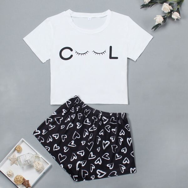

Letter And Heart Graphic PJ Set, Black and white