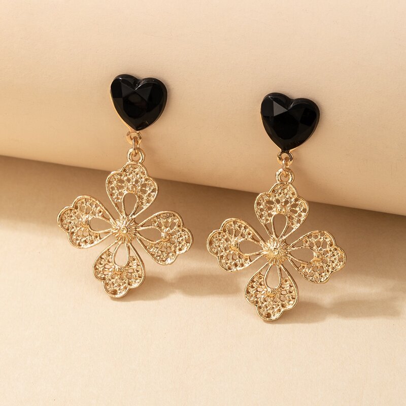 

Heart & Floral Drop Earrings, Gold