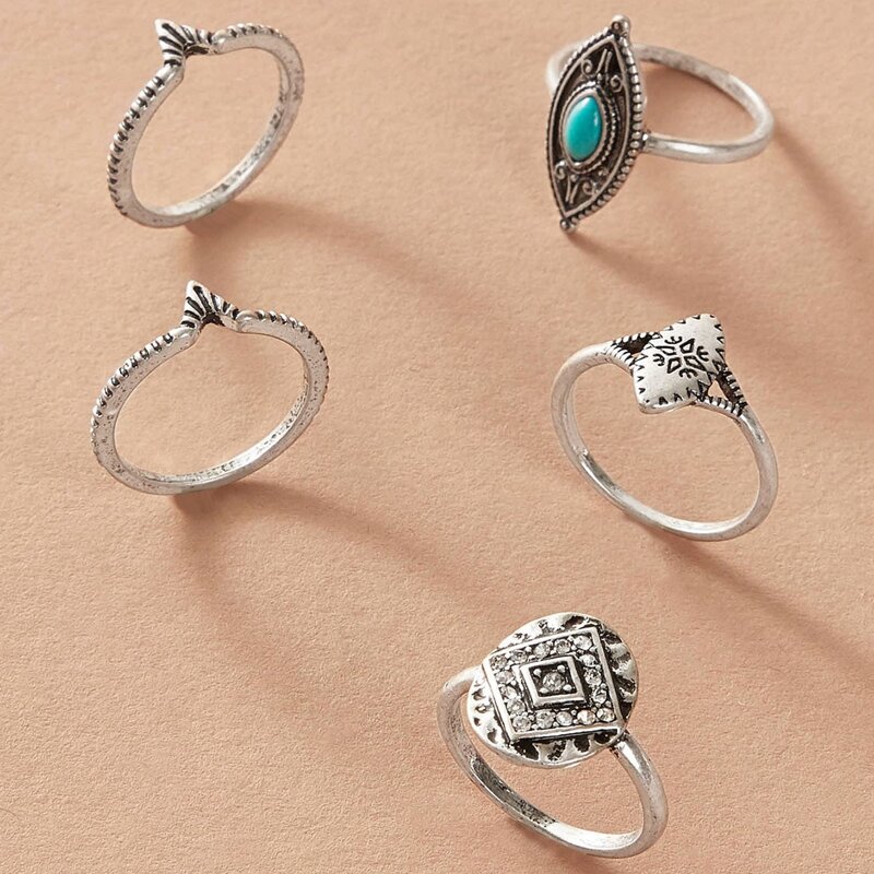 

5pcs Rhinestone Geo Ring, Silver