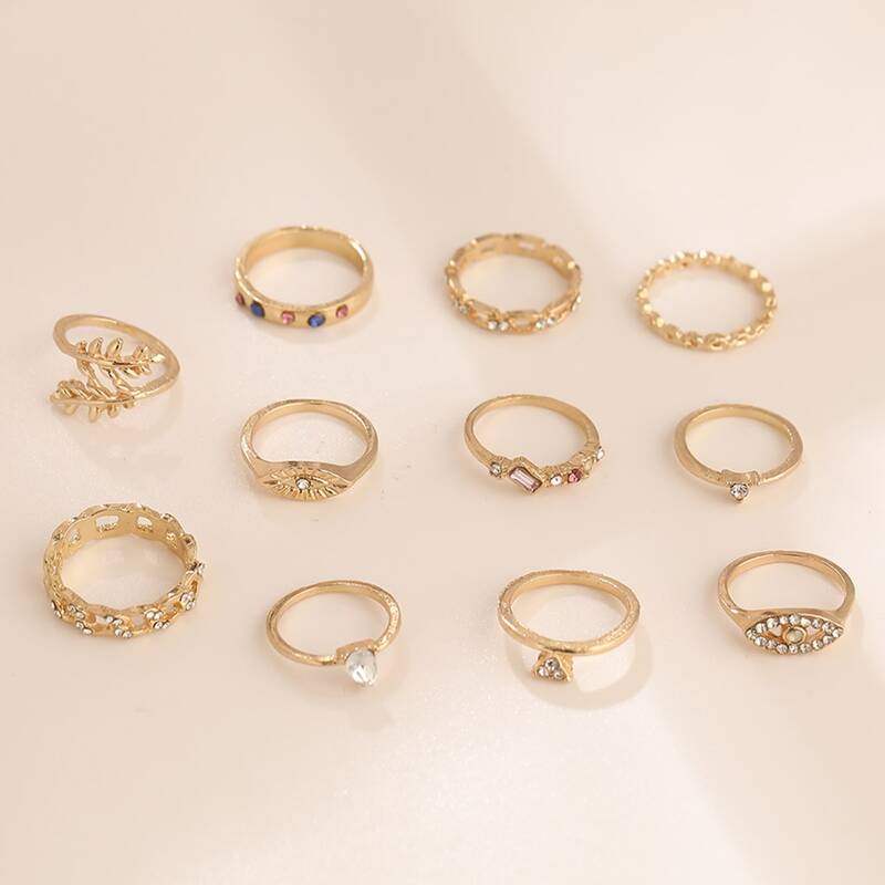 

11pcs Rhinestone Chain & Leaf Ring, Gold