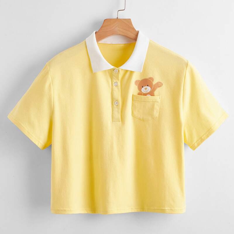 

Cartoon Bear Print Crop Polo Tee, Yellow pastel