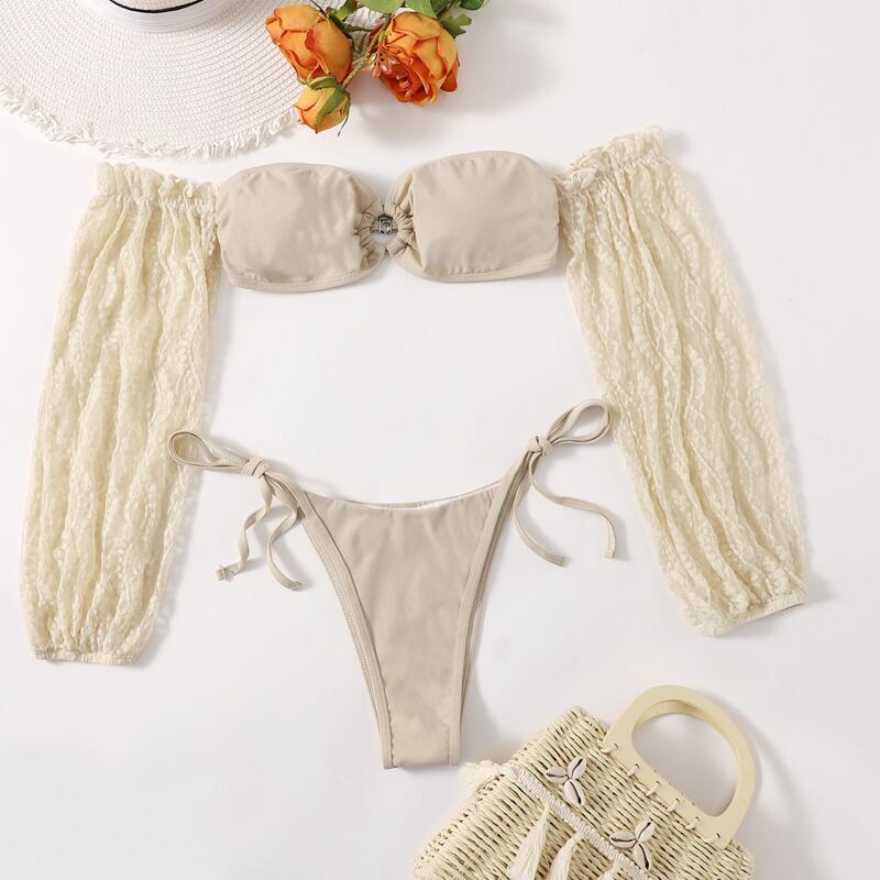 

Lace Sleeve Ring Decor Bikini Swimsuit, Beige