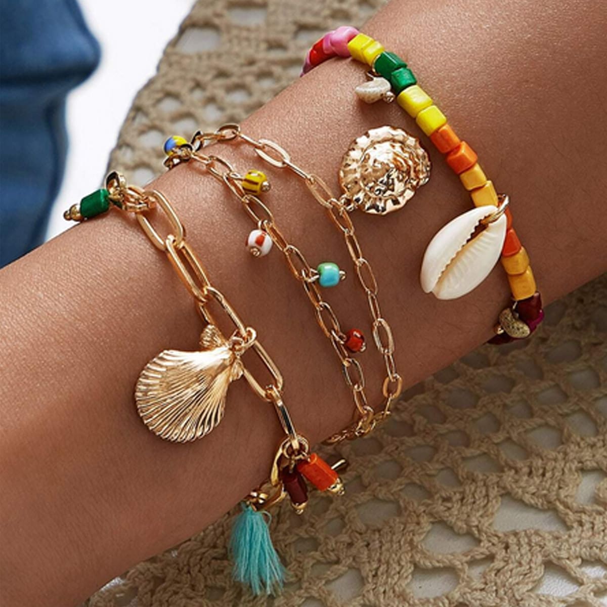 

3pcs Shell & Tassel Chain Bracelet, Multicolor