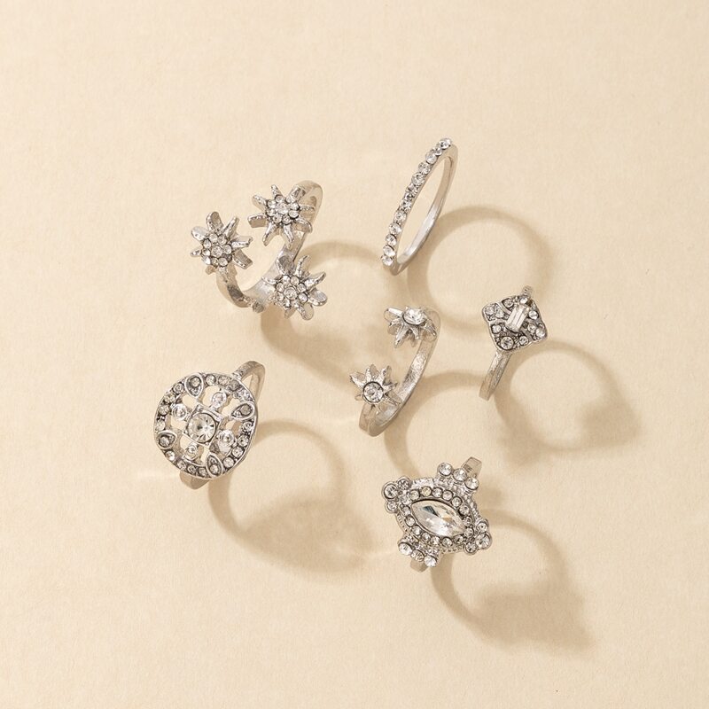 

6pcs Rhinestone Star Ring, Silver