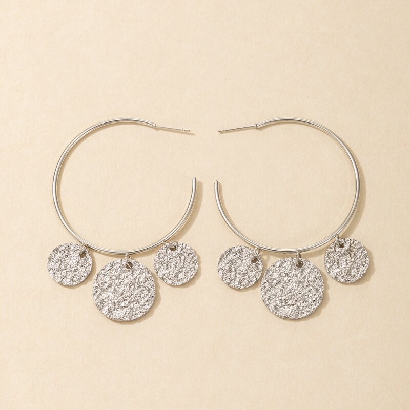 

Textured Coin Hoop Earrings, Silver