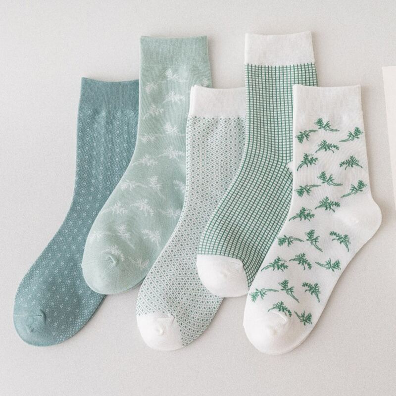 

5pairs Leaf & Plaid Crew Socks, Multicolor