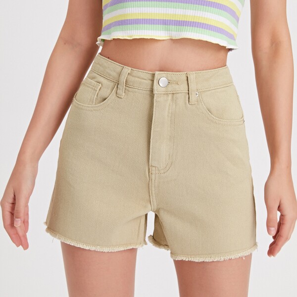 

High Waist Raw Hem Denim Shorts, Khaki