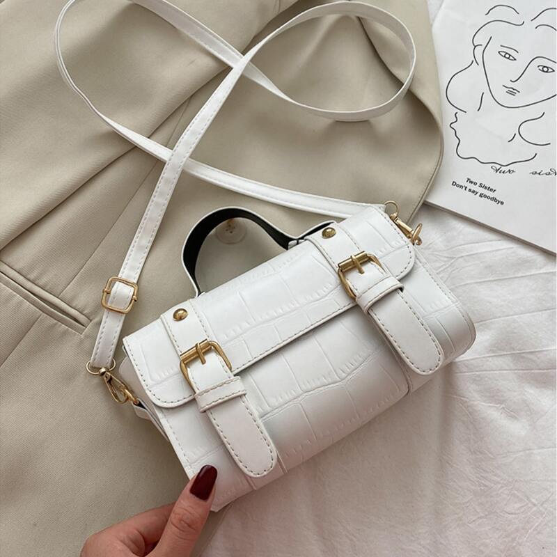 

Croc Embossed Buckle Satchel Bag, White