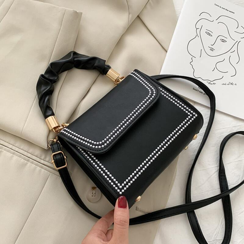 

Embroidery Trim Ruched Handle Satchel Bag, Black