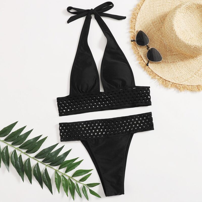 

Plunge Fishnet Bikini Swimsuit, Black