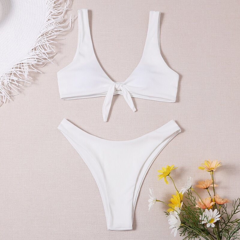 

Solid Knot Front Bikini Swimsuit, White