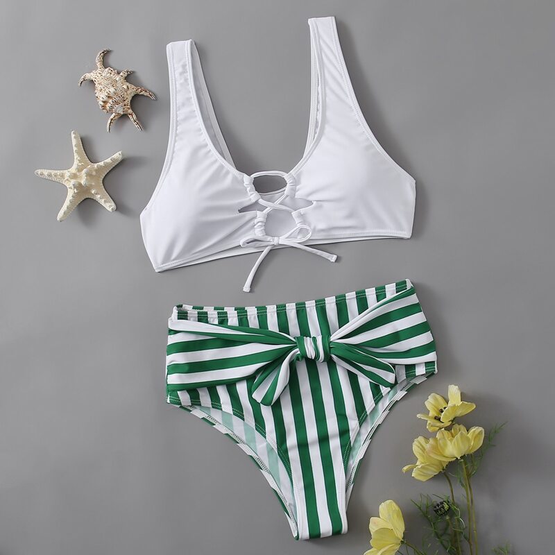 

Lace-up Striped Tie Front Bikini Swimsuit, Multicolor