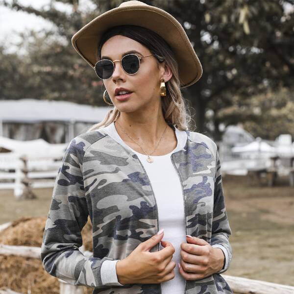 

Raglan Sleeve Zip Up Camo Bomber Jacket, Multicolor
