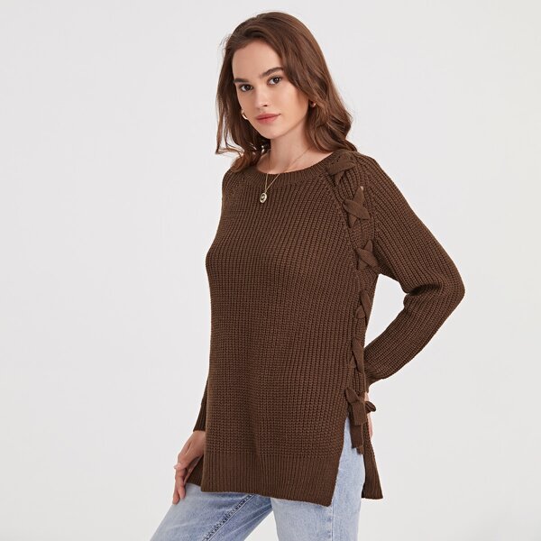 

Lace Up Split Side Sweater, Coffee brown
