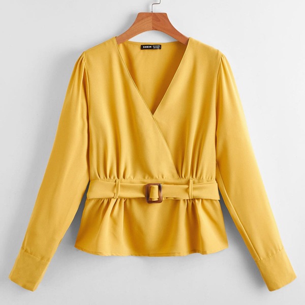 

Buckle Belted Peplum Top, Yellow