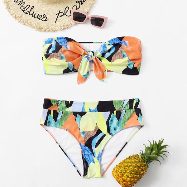 

Plus Allover Graphic Knot Front Bandeau Bikini Swimsuit, Multicolor