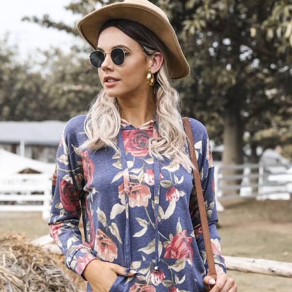 

Kangaroo Pocket Floral Print Drawstring Hoodie, Multicolor