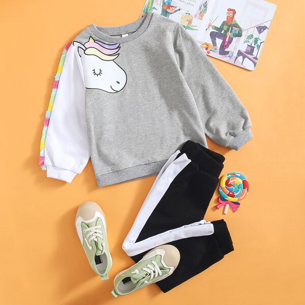 

Toddler Girls Cartoon Graphic Fringe Trim Sweatshirt & Sweatpants, Multicolor